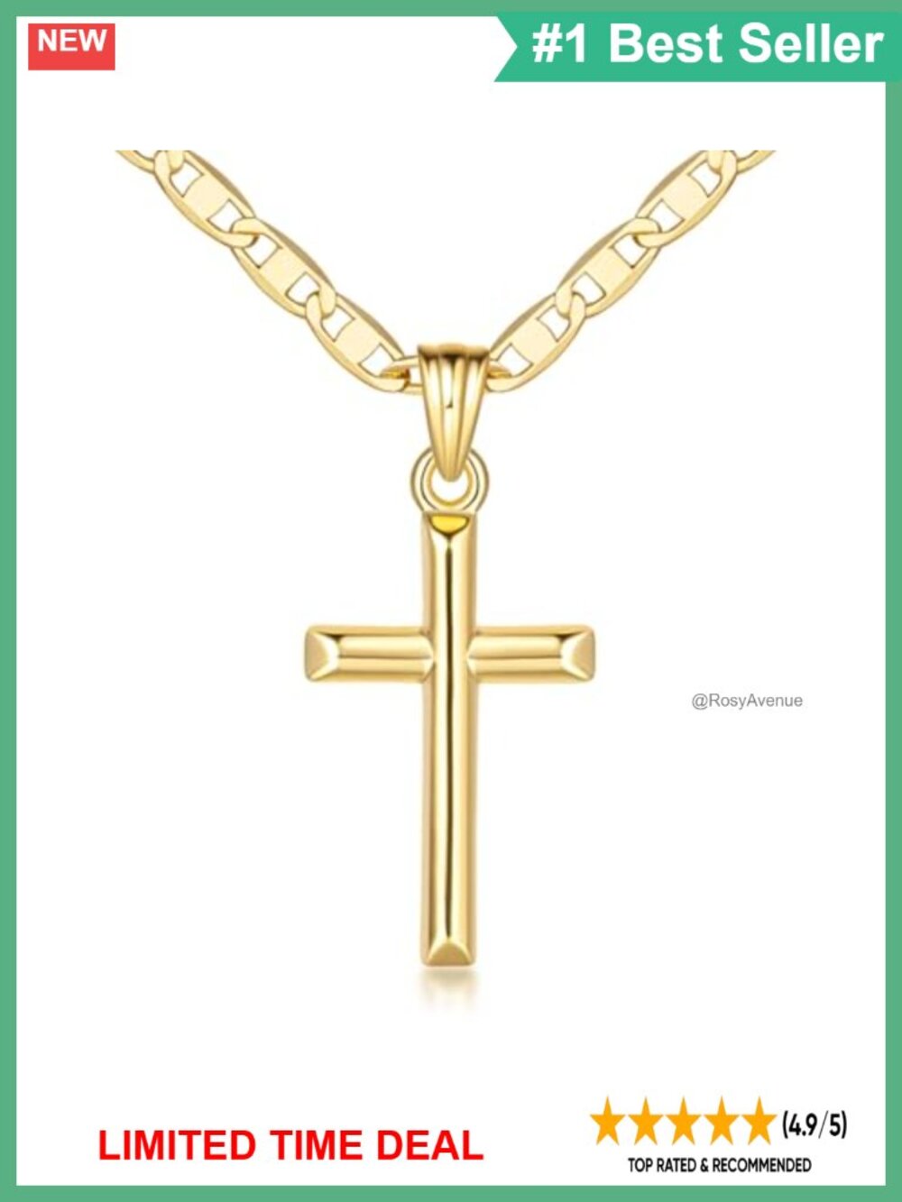 14K Gold Plated Cross Pendant Necklace 26mm Polished